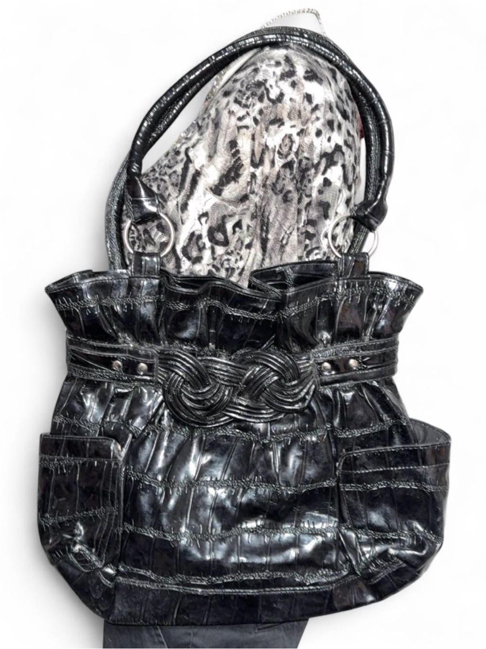 Black Embossed Shoulder Bag with Braided Knot Accent